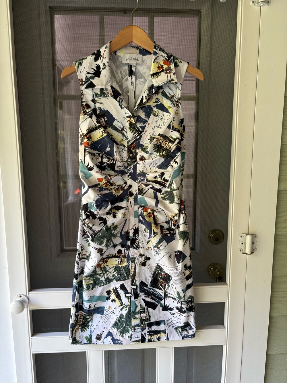 Joseph Ribkoff Sleeveless Midi Dress in White with Multicolor Print with stretch